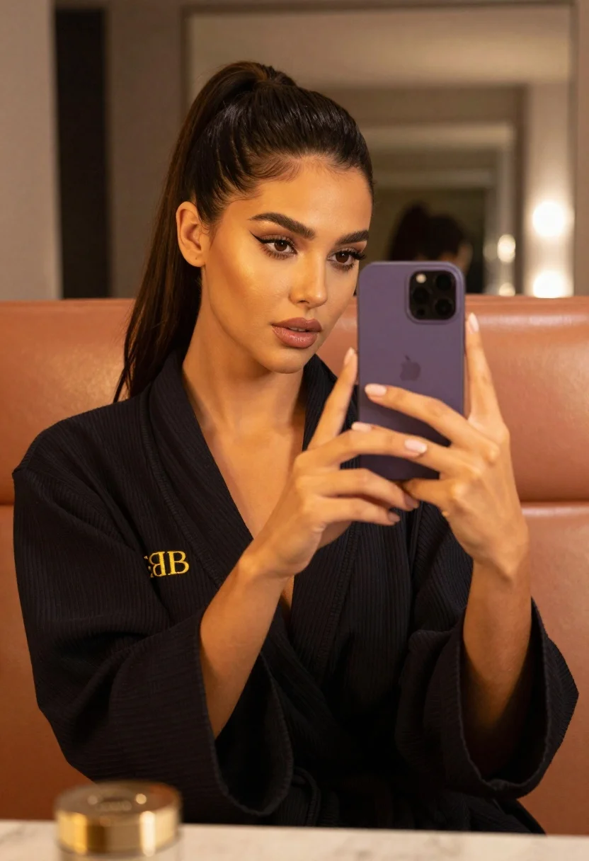 Woman With Dark Hair Pulled Back Sleek Ponytail Takes Mirror reference photo