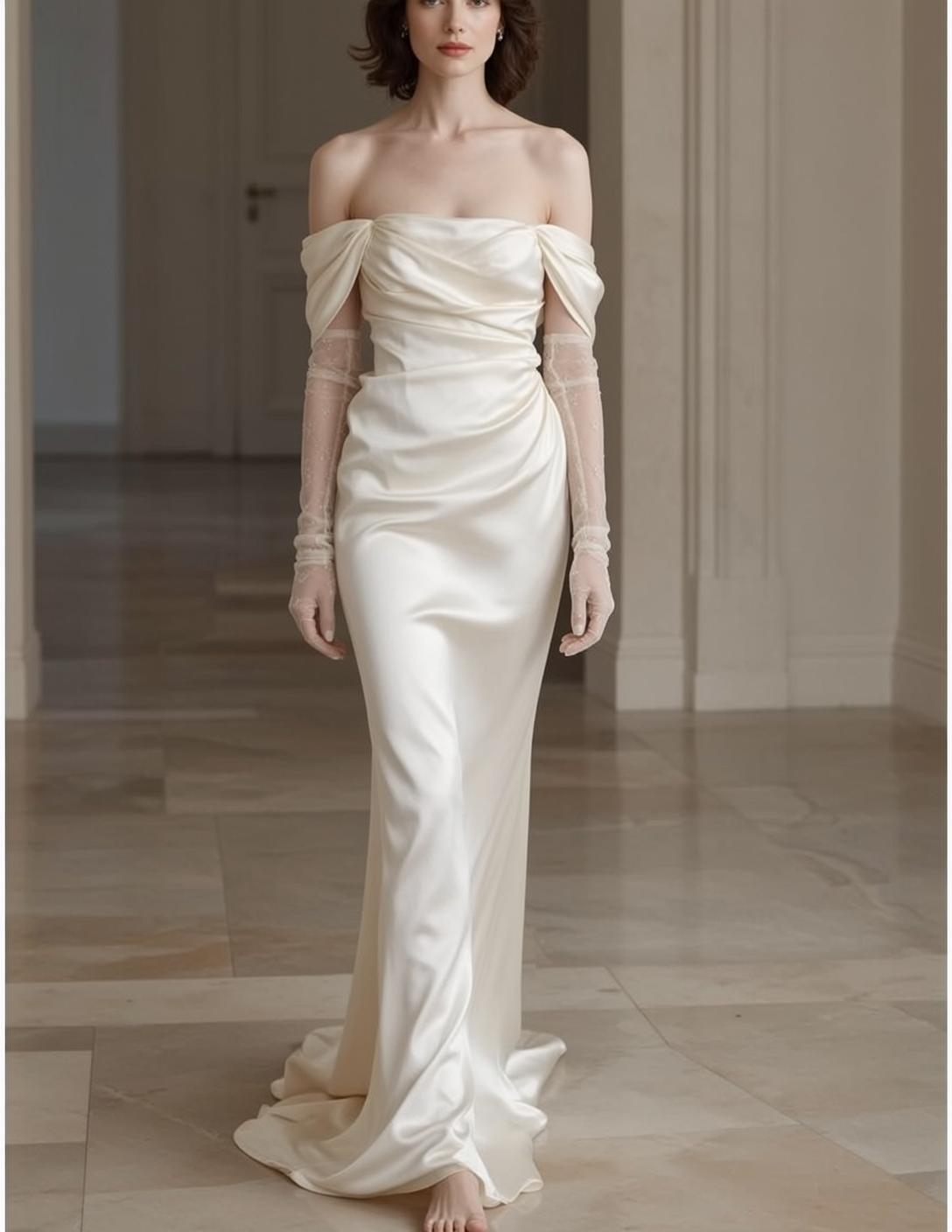 White Satin Gown Hallway Look