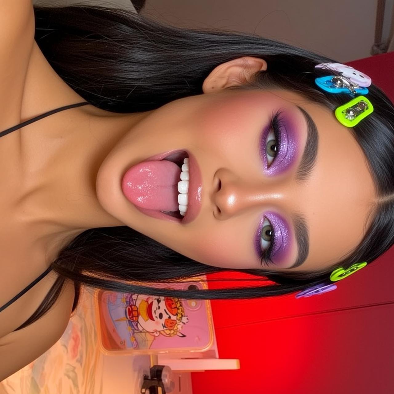 Makeup Positioned Her Head Tilted Back Tongue