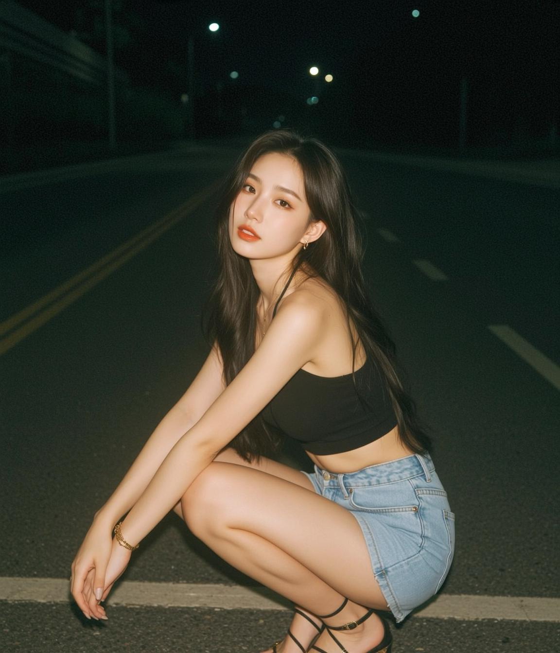 Explore Crouched Low Asphalt Road Night Facing
