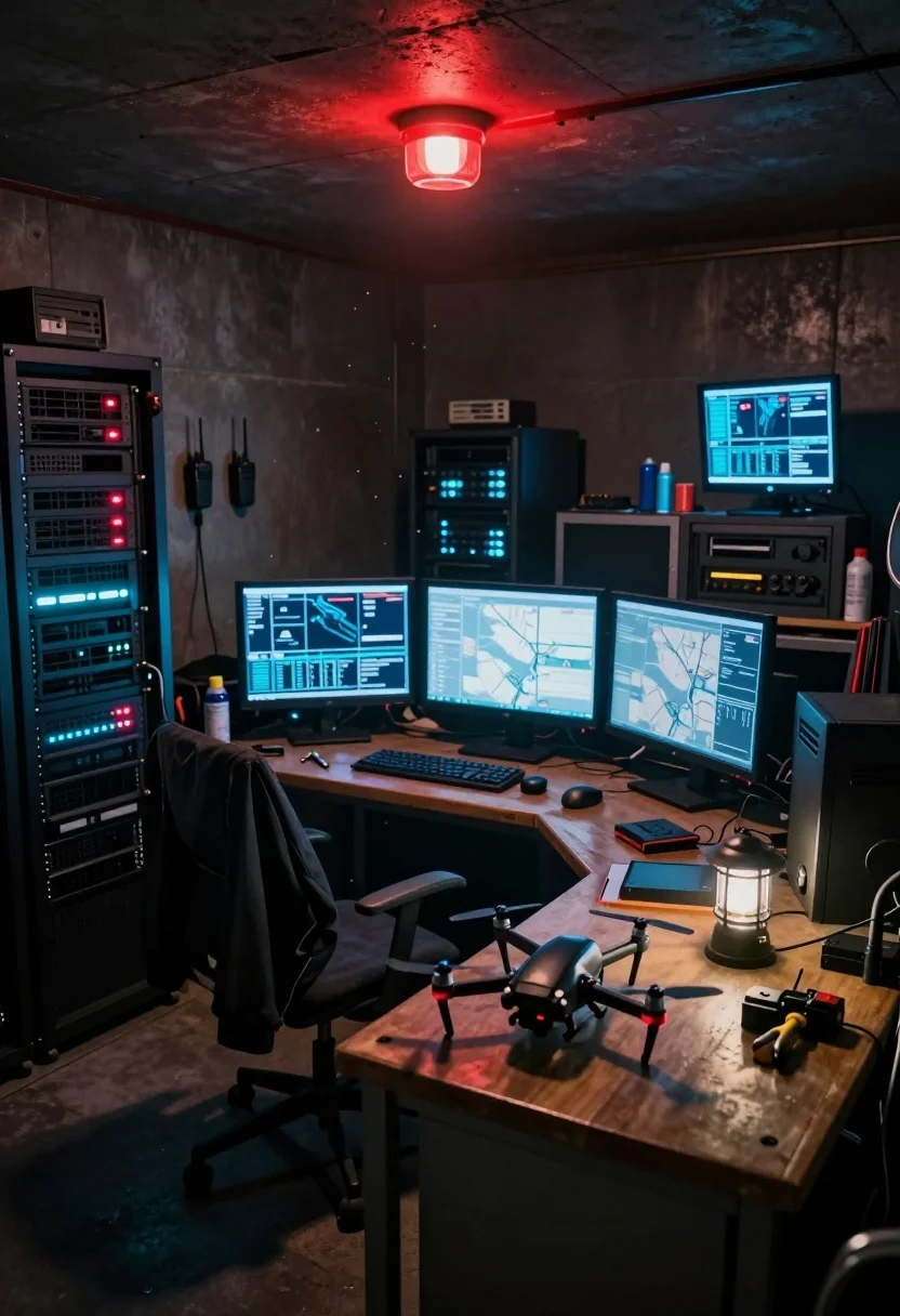 Cluttered Dimly Lit Underground Command Center Filled With Electronic Equipment