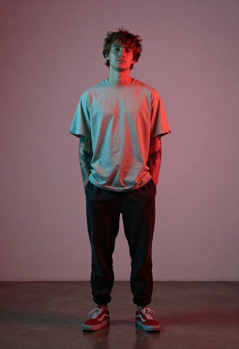 Full-body Studio Portrait Young Man With Tousled Light Brown Hair reference photo