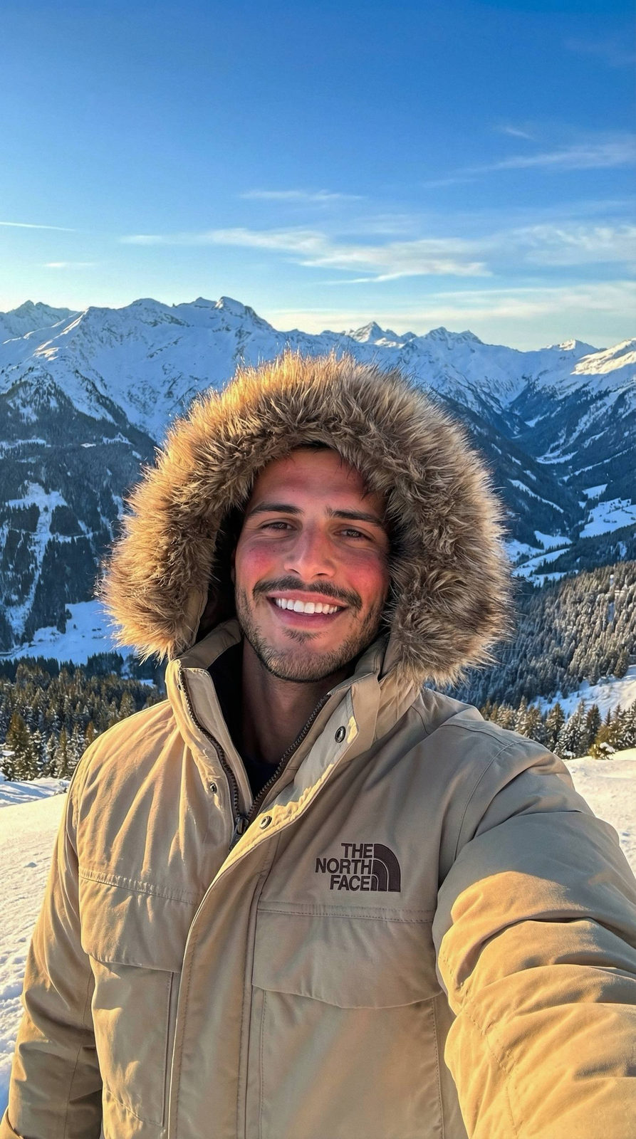 Smiling man in a beige North Face parka holding camera, surrounded by snow-covered mountains and evergreen forests under blue sky.