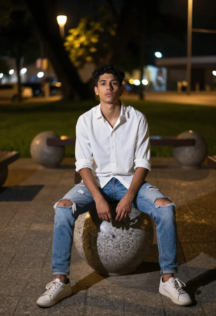 Young Man With Dark Curly Hair Sits Casually Large Spherical