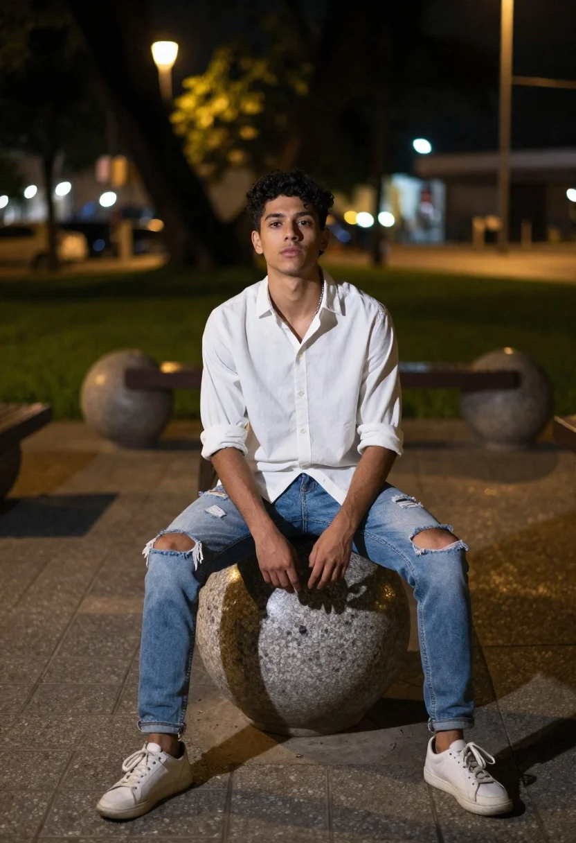 A young man with dark curly hair sitting casually on a large spherical stone bench, illuminated by warm streetlights in an urban park at night.