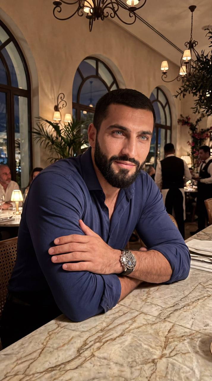 A sophisticated man in a dark blue shirt leans on a marble countertop in a warm, intimate restaurant setting.