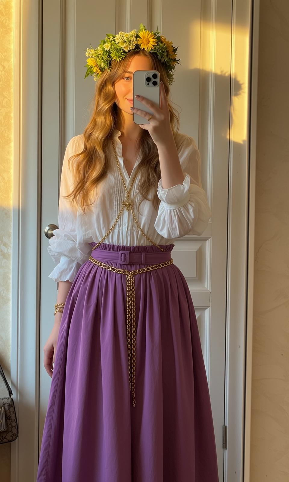 Blonde Woman White Blouse Purple Skirt Flower Crown Selfie