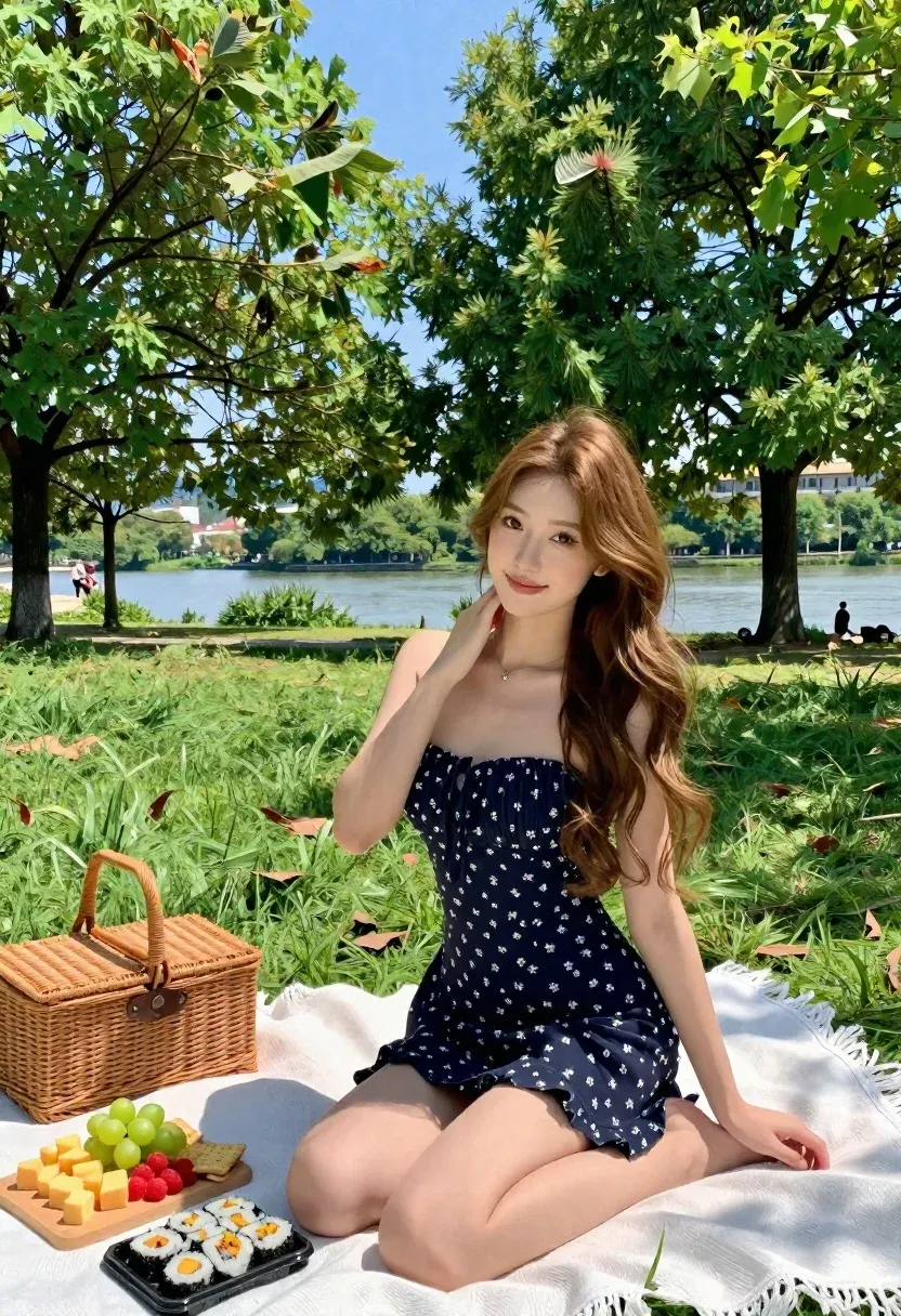Young Woman Sits Cross-legged White Picnic Blanket Sunlit Park With