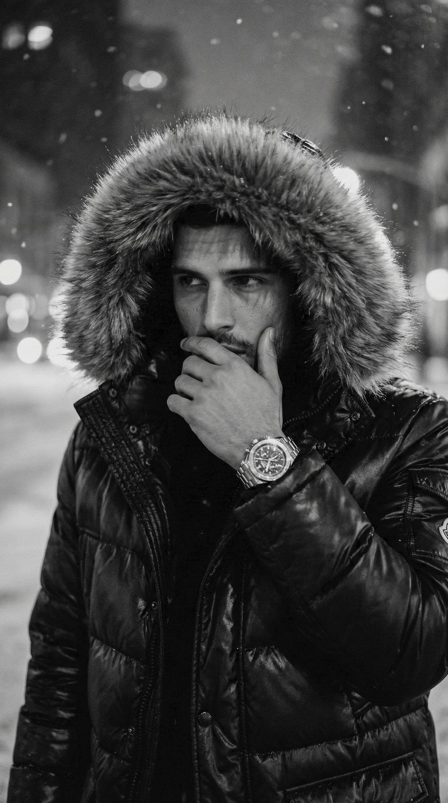 A person in a padded winter parka with a fur hood stands outdoors at night, framed mid-torso with soft cinematic grain and bokeh background.