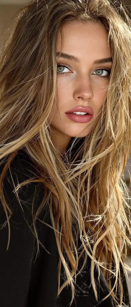 A professional portrait of a young supermodel with tousled bronde ombré hair, showcasing vibrant eyes and natural beauty.