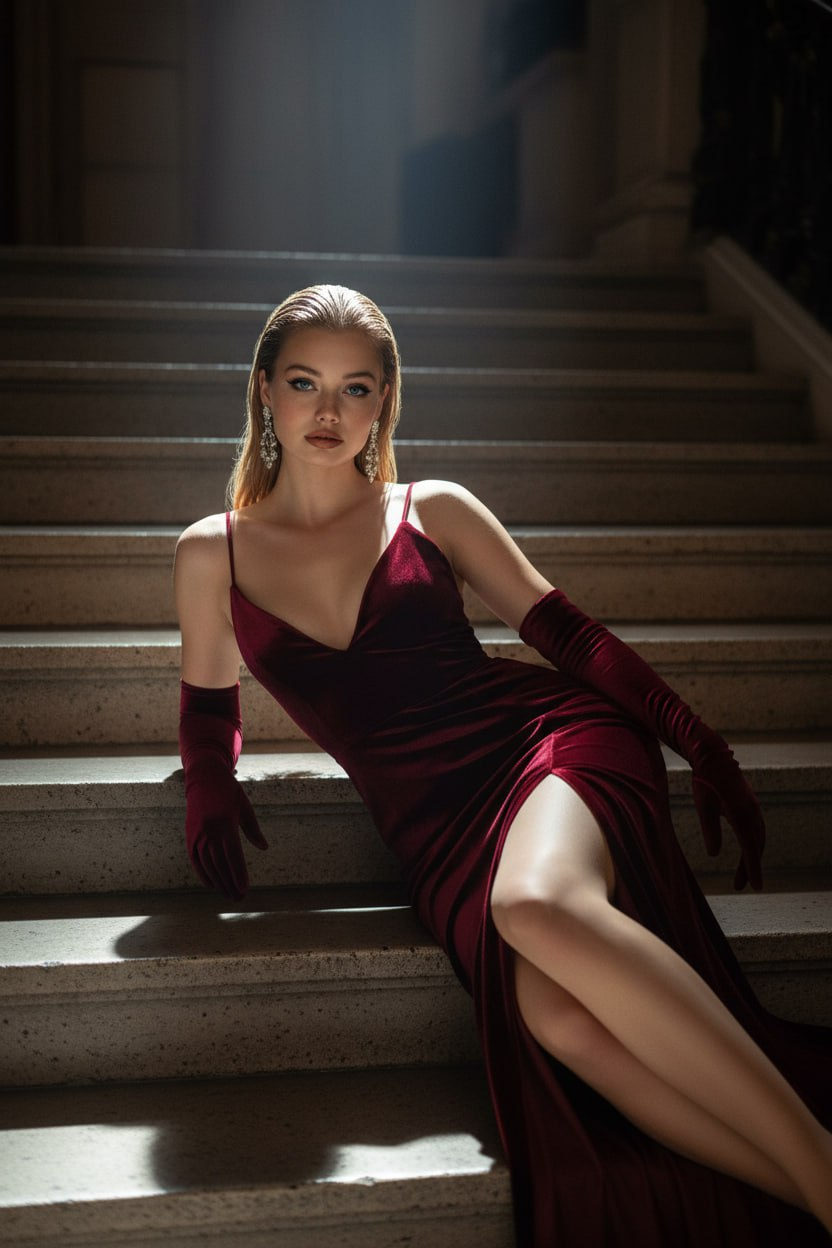 A woman in a deep wine velvet gown sits elegantly on a stone staircase, leaning on her left arm with a dramatic light beam highlighting her features.