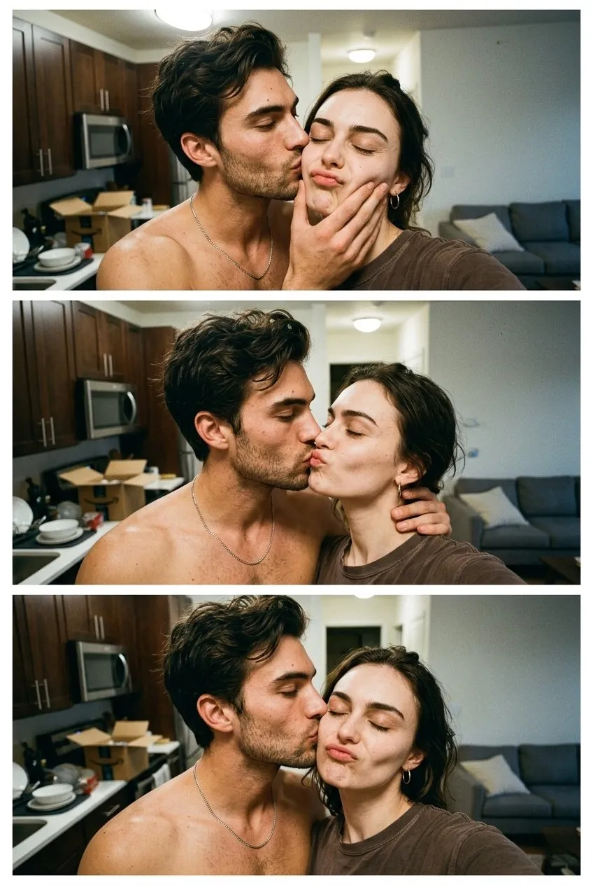 Shirtless Man Kisses Woman Kitchen Collage