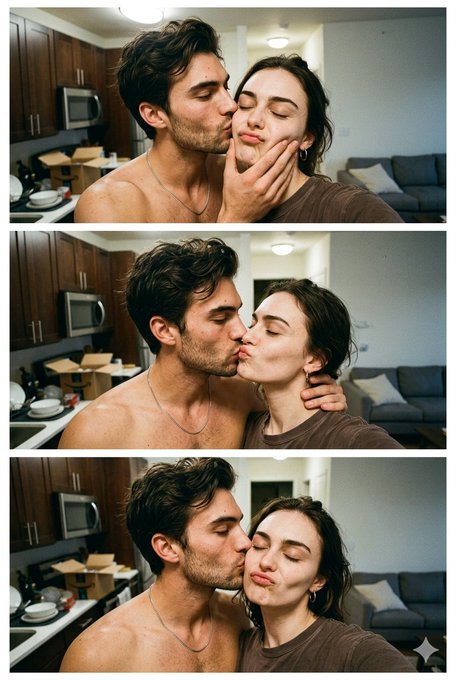 A shirtless man leans in to kiss a woman in a kitchen, showcasing realistic skin texture and intimate composition.