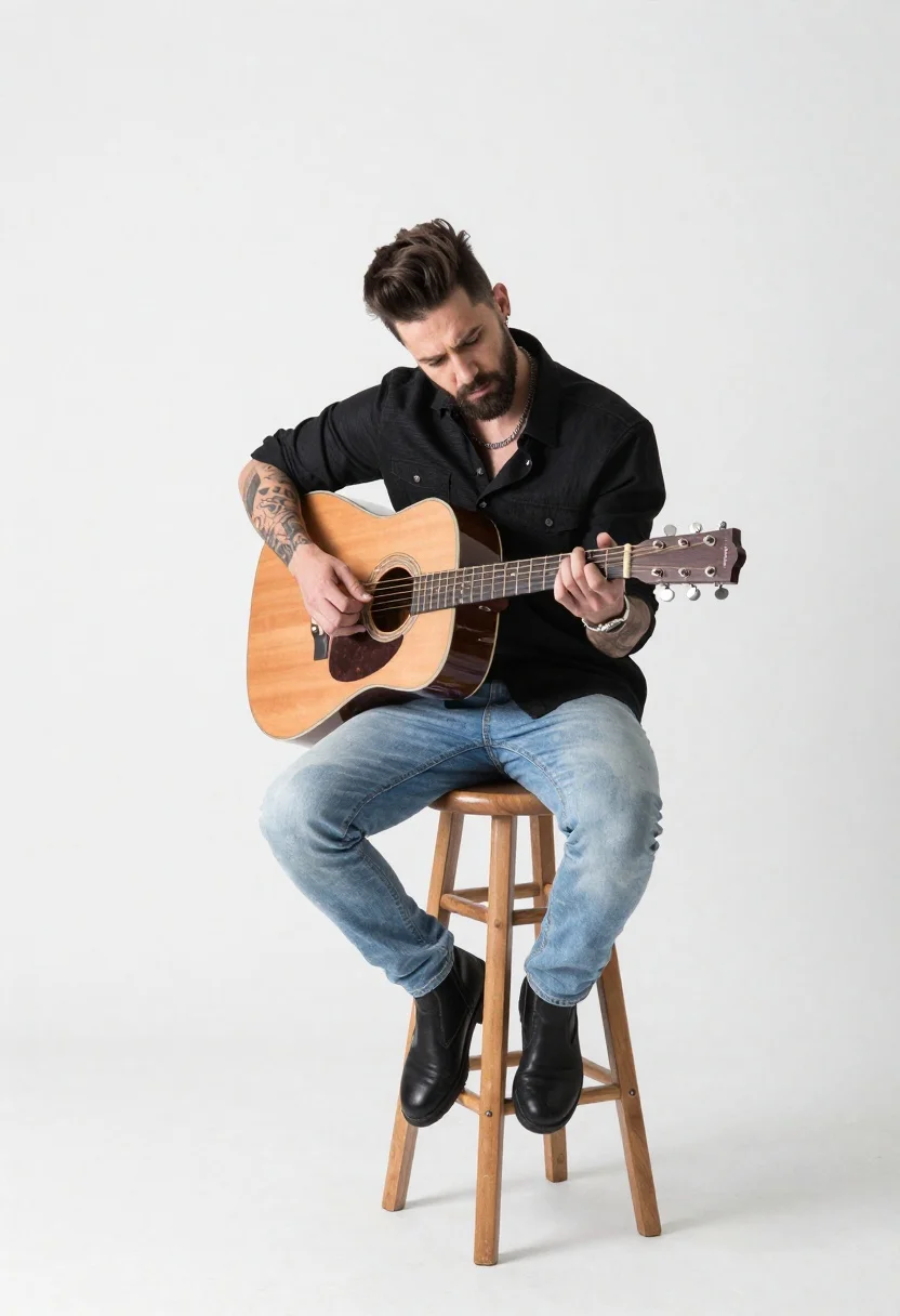 Studio Photography Man Playing Acoustic Guitar Full-body Profile Against Seamless reference photo