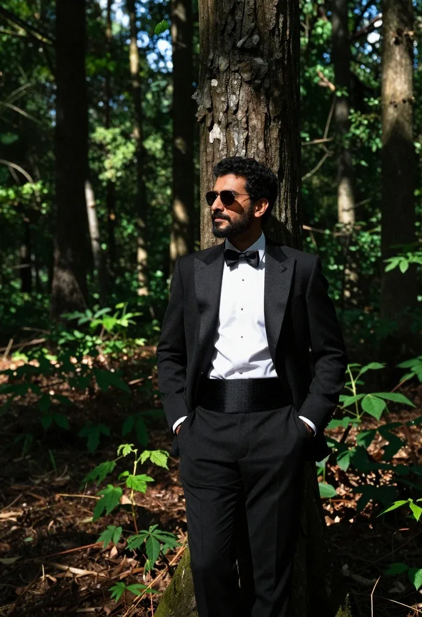 Man Formal Black Tuxedo Stands Leaning Against Tree Trunk Dense