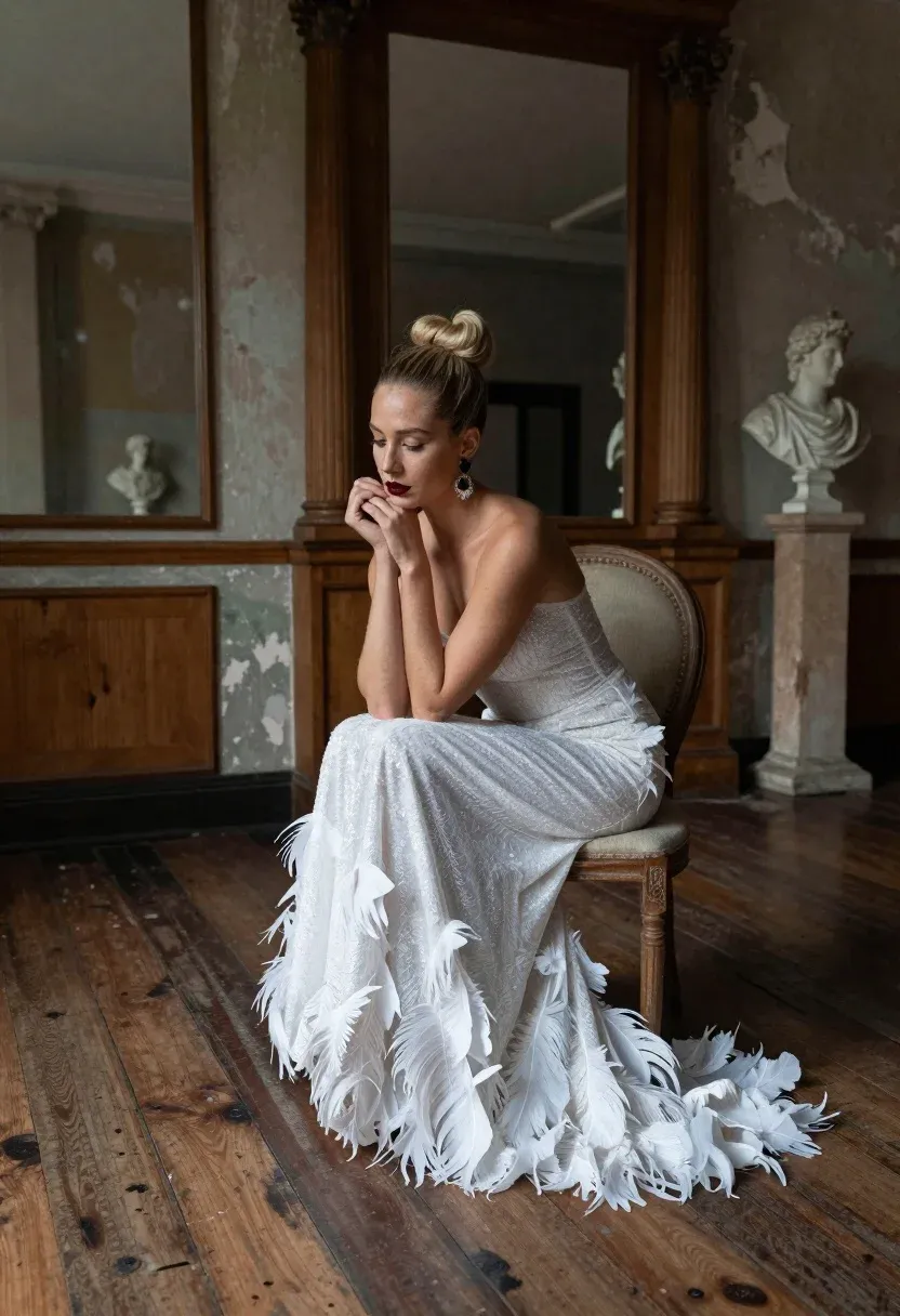 Woman Sits Elegantly Vintage Chair Rustic High-ceilinged Room With Weathered