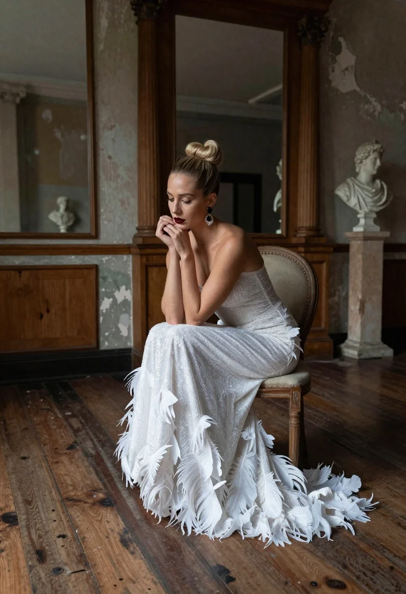 Woman Sits Elegantly Vintage Chair Rustic High-ceilinged Room With Weathered