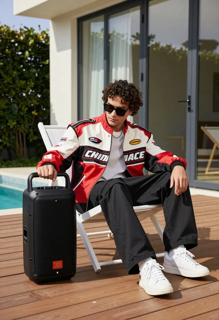 Man Sits Casually White Lounge Chair Next Large Black Portable