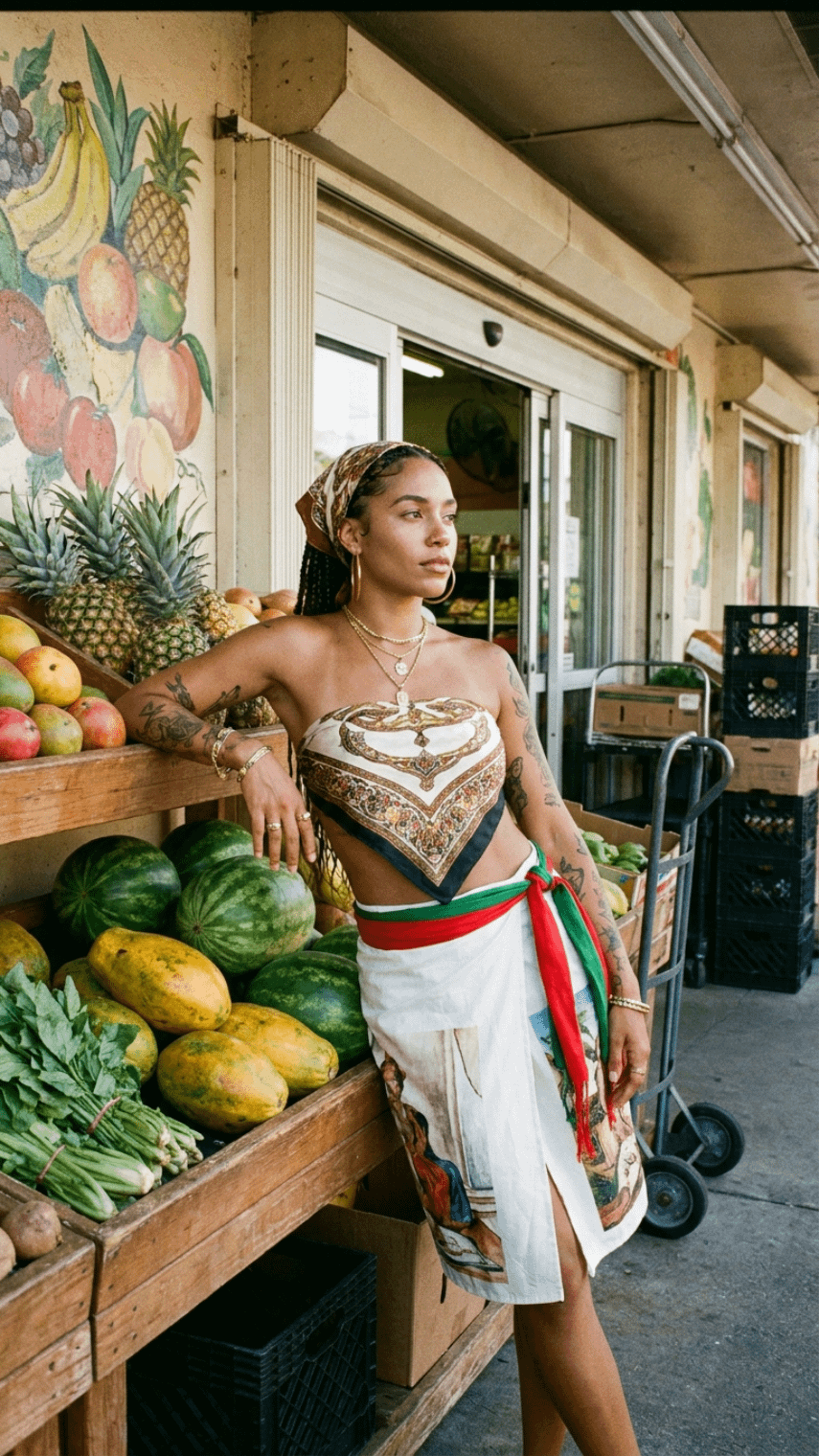 A woman in a cropped tropical top and wrap skirt, leaning against a wooden produce bin filled with colorful fruits, in front of a hand-painted fruit mural.