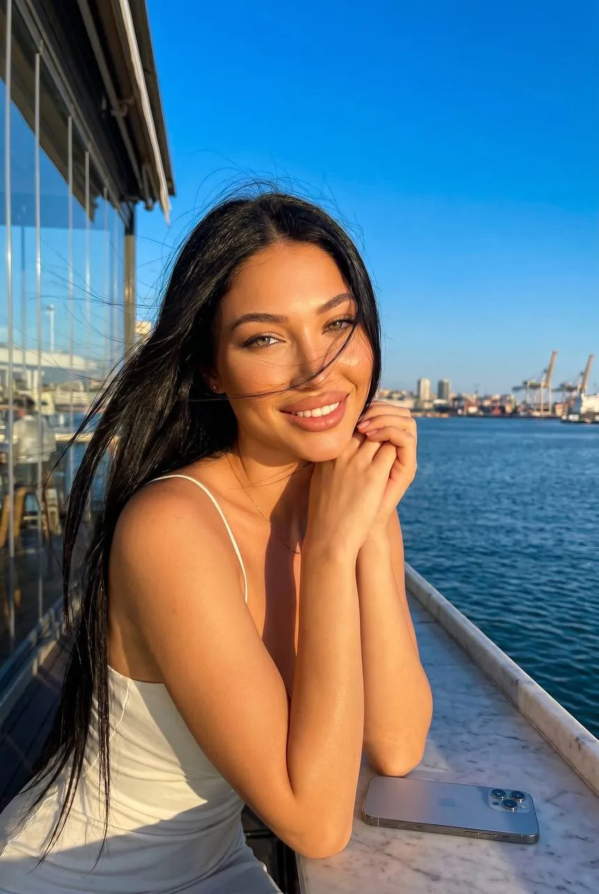 Yacht White Bikini Warm Glow Harbor City Skyline