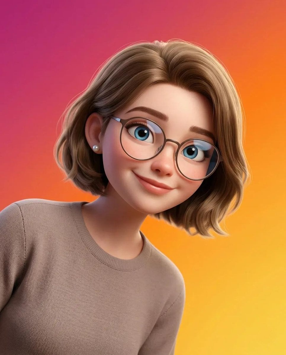 A Pixar-style portrait of a young person wearing round transparent glasses, set against a vibrant orange-to-pink gradient background.