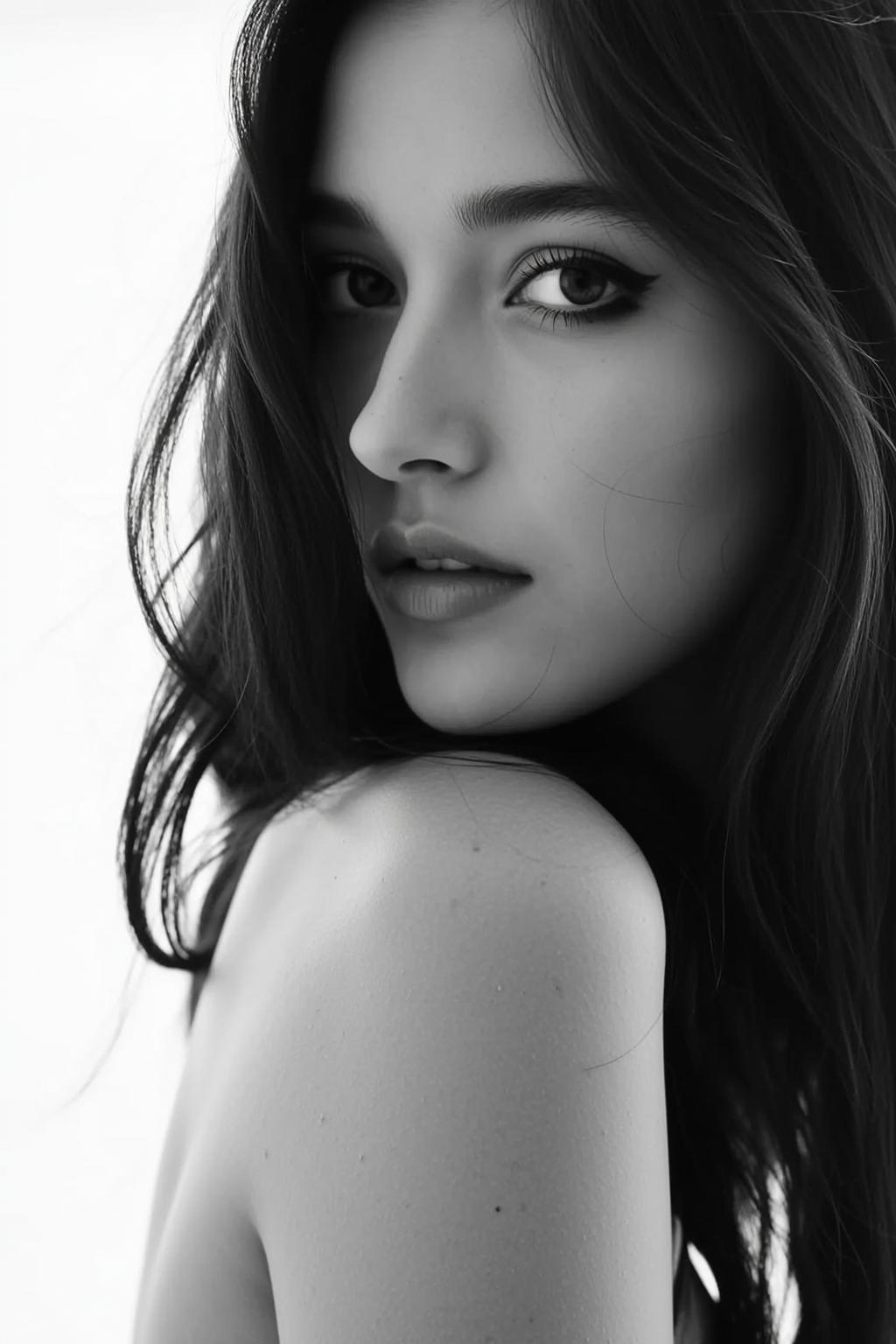 Black And White Medium Close-up Portrait Young Woman Captured From