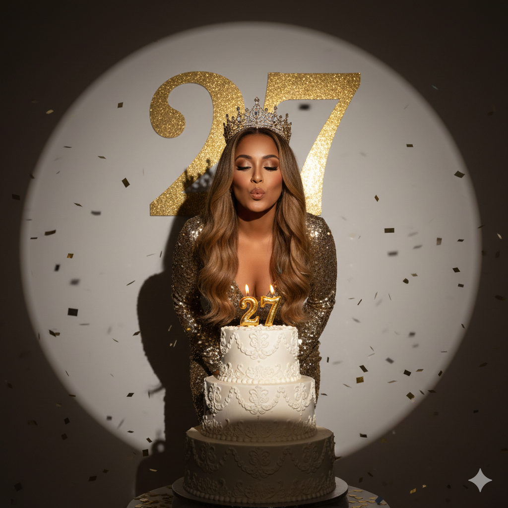A glamorous birthday portrait of a woman in a gold dress, blowing out candles on a three-tiered cake with a neutral background.