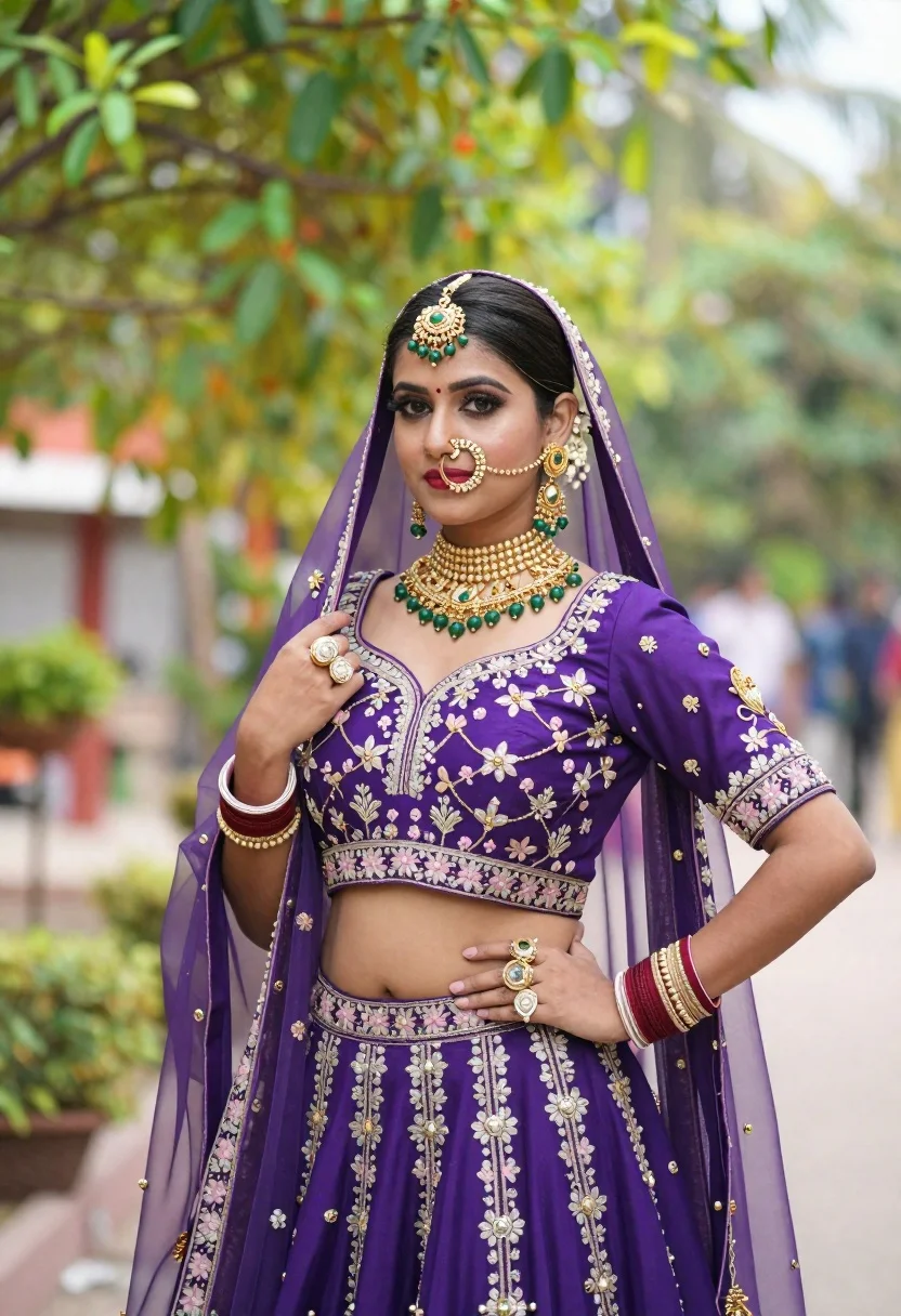 Young Woman Dressed Vibrant Purple Traditional Indian Bridal Outfit Stands reference photo