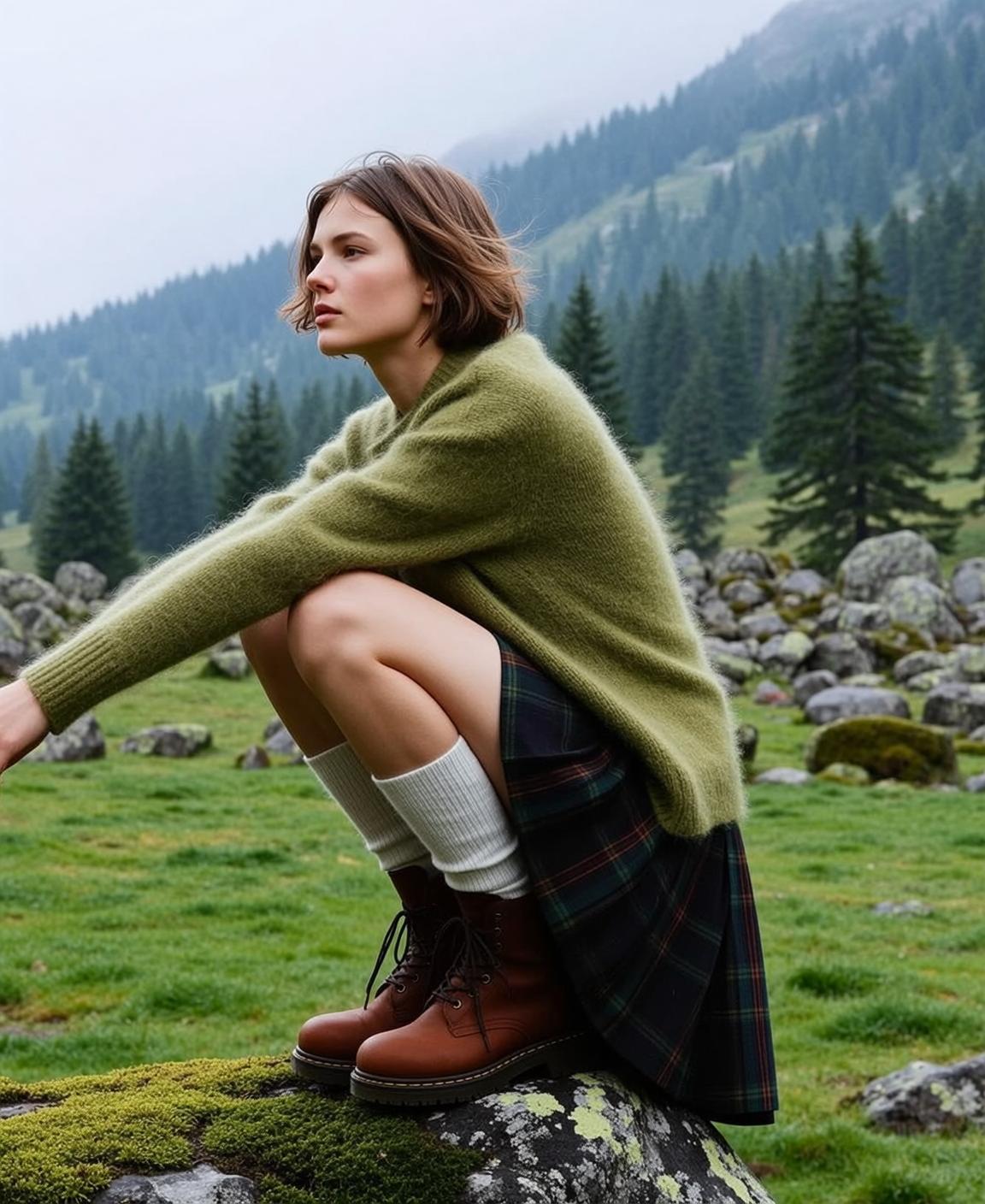 Explore Crouched Moss-covered Rock Facing Her Left
