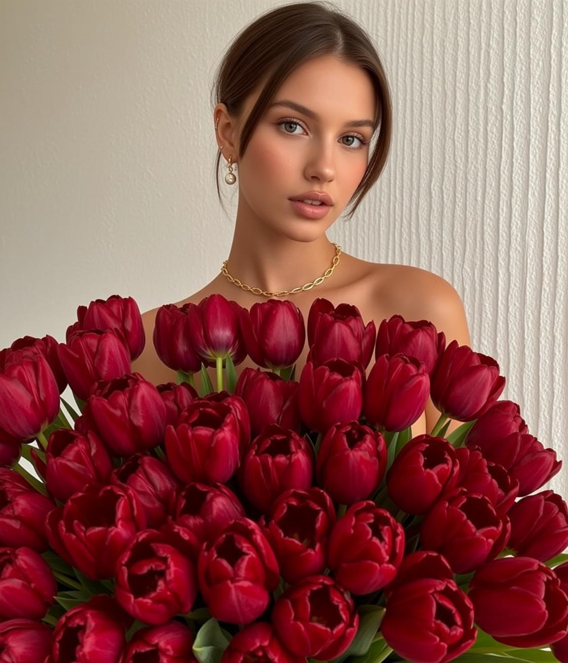 Explore Positioned Facing Holding Large Bouquet Deep