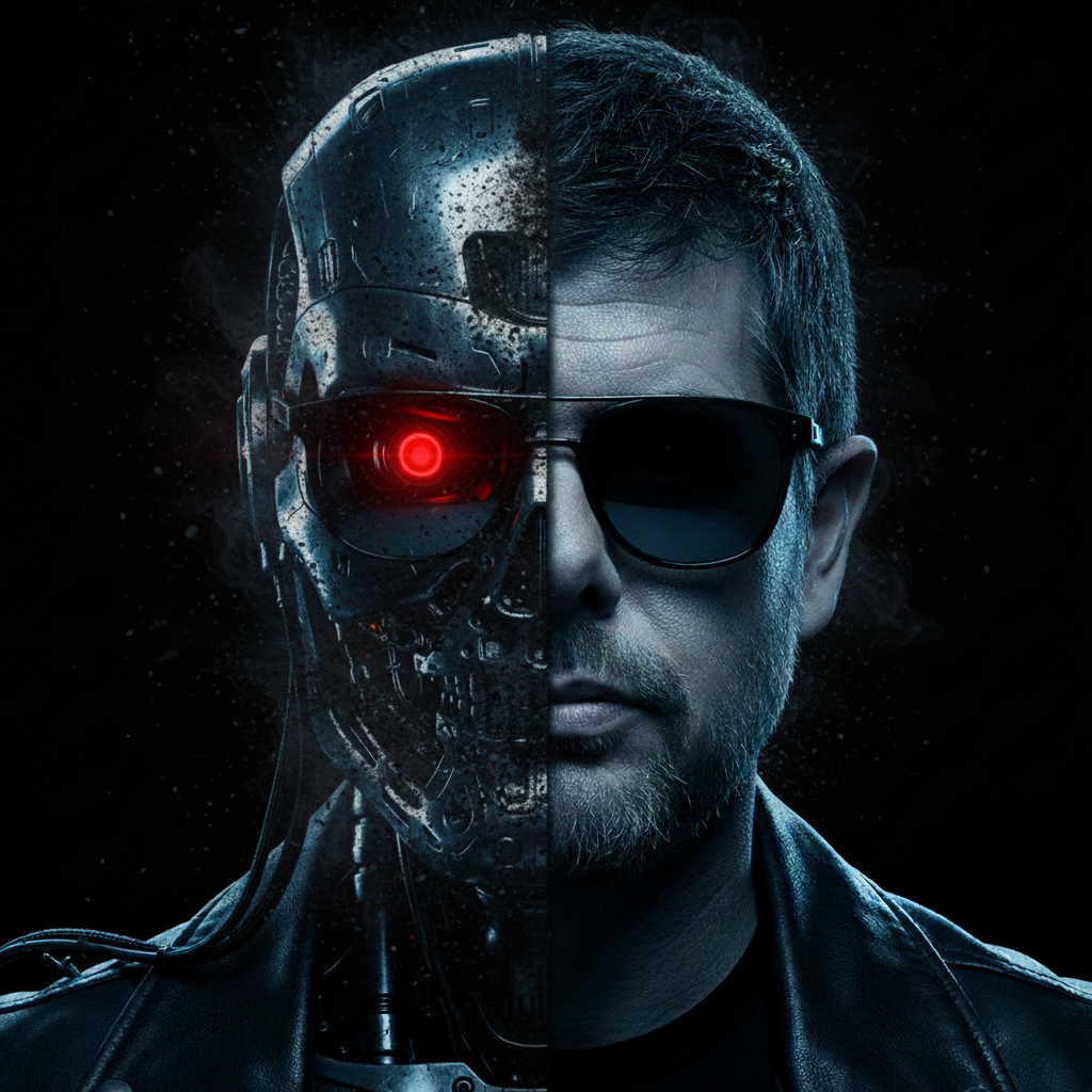 A dual-faced character with one side human and the other an advanced robotic endoskeleton, glowing red eye.
