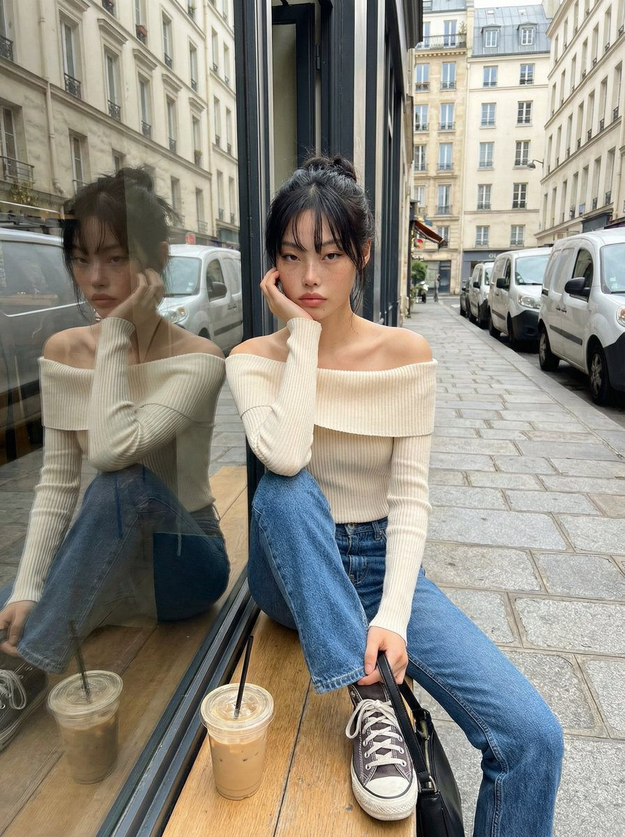 A beautiful Asian-American girl in a cream off-shoulder top sitting relaxed outside a cafe with a vintage wooden ledge.