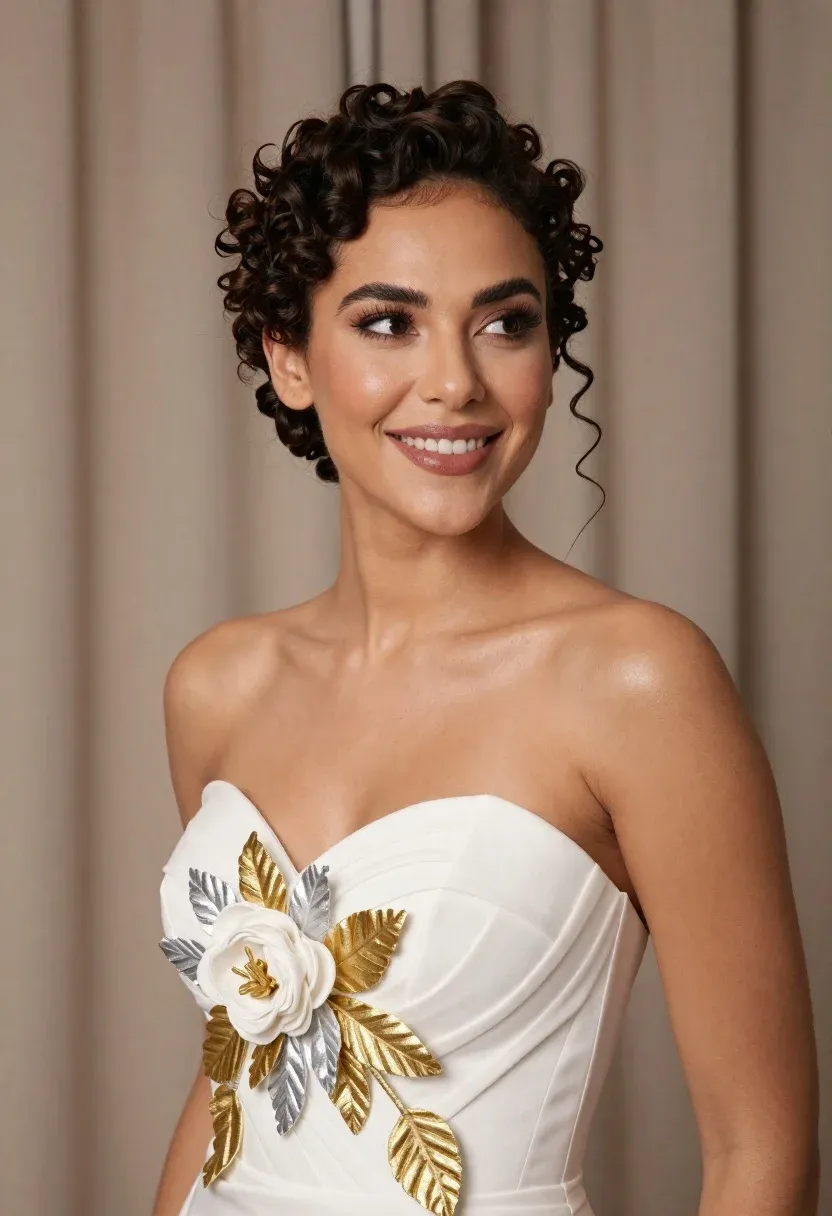 Close-up Portrait Woman With Dark Curly Hair Styled Updo Wearing
