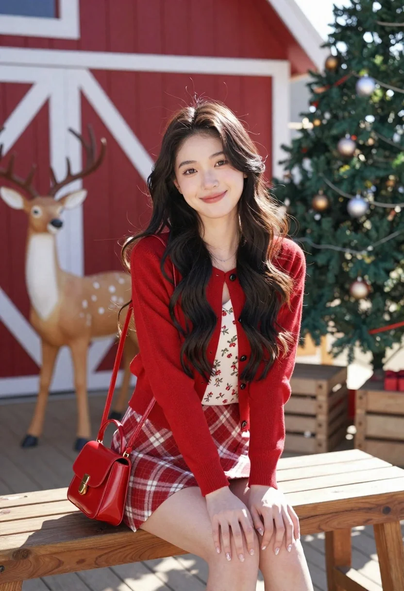 Young Woman With Long Dark Wavy Hair Sits Smiling Wooden