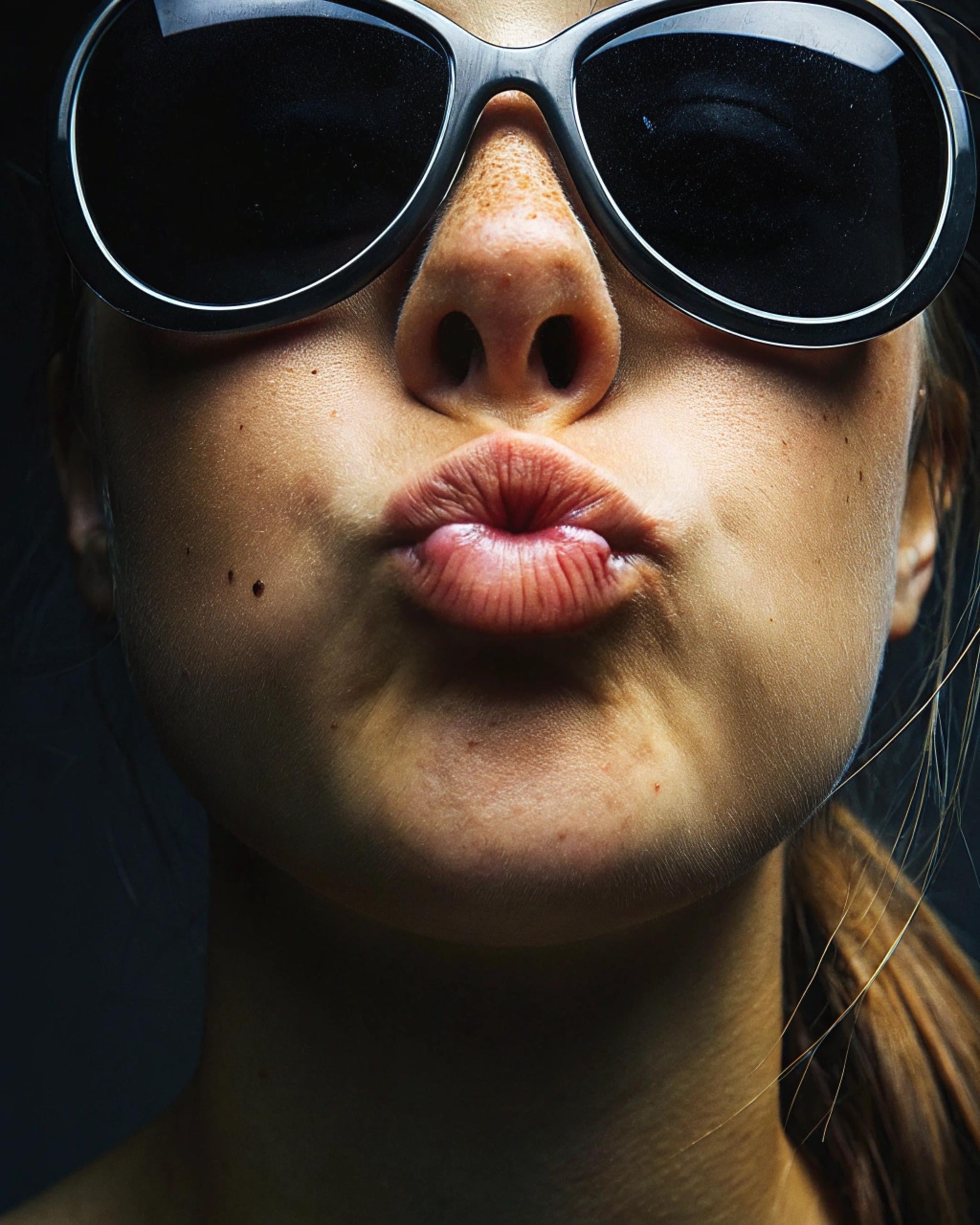 Extreme Close Up Duck Face With Sunglasses
