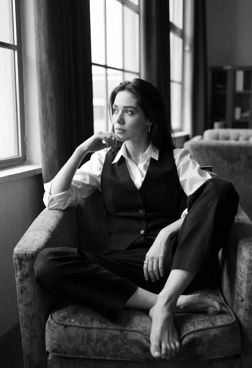 Medium And Overall Scene Black-and-white Portrait Contemplative Woman Seated Armchair