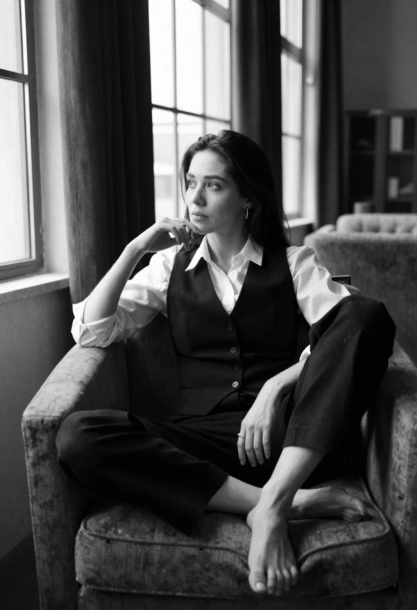 Medium And Overall Scene Black-and-white Portrait Contemplative Woman Seated Armchair reference photo