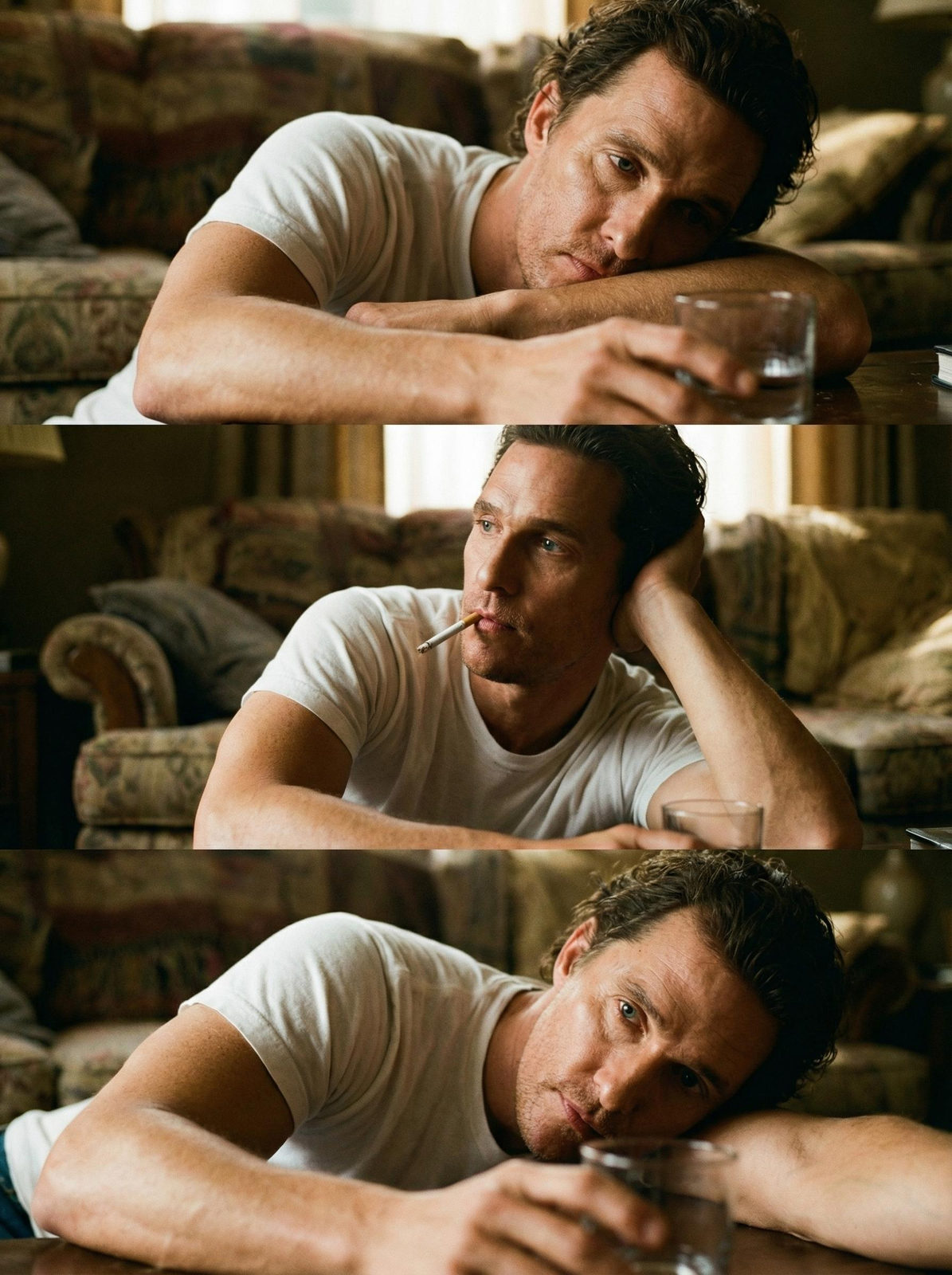 Close-up of a man reclining with a glass, intimate lighting.