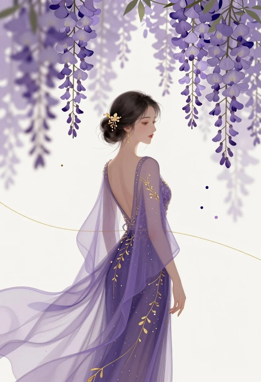 Graceful Woman Stands Profile Facing Right Her Dark Hair Styled