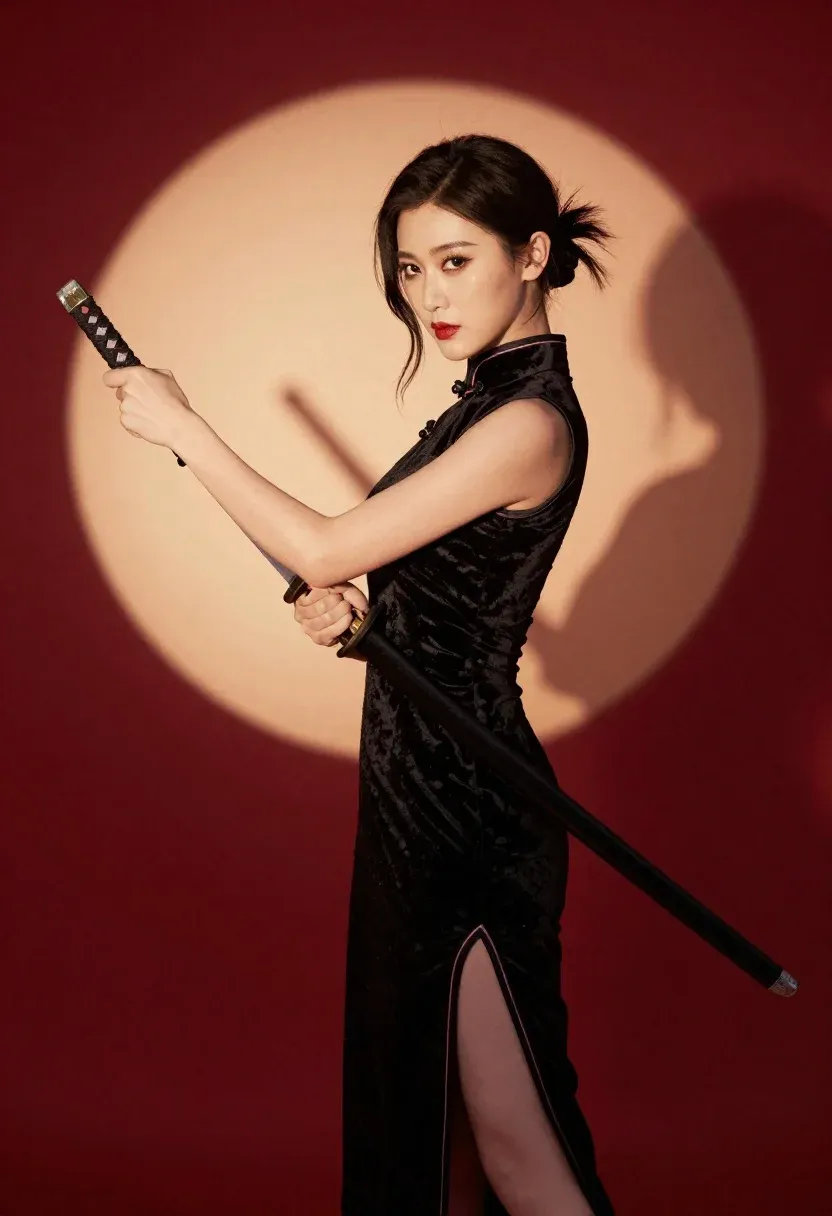 Woman Black Sleeveless Cheongsam Holding Katana Against Red Background With