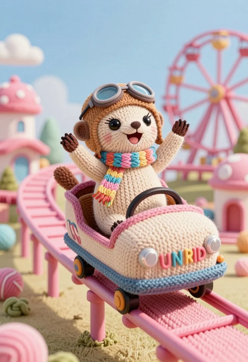 Joyful Knitted Meerkat Wearing Pilot Helmet And Scarf Rides Roller