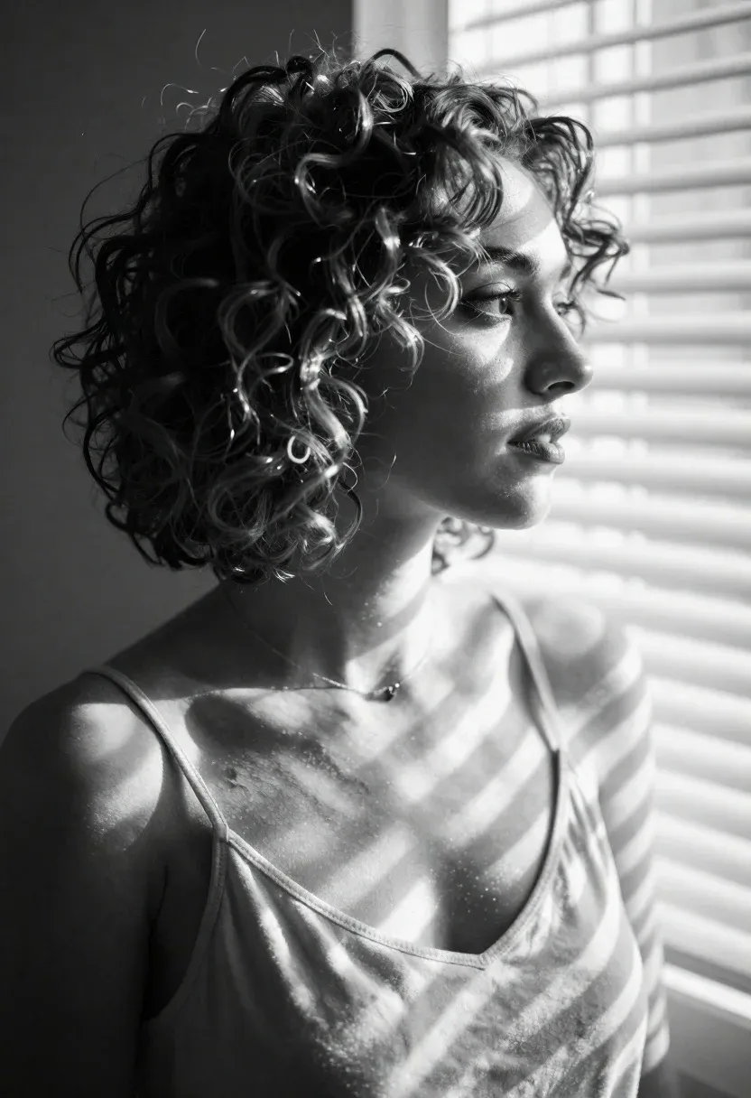 High-key Black And White Portrait Young Woman Profile Looking Right