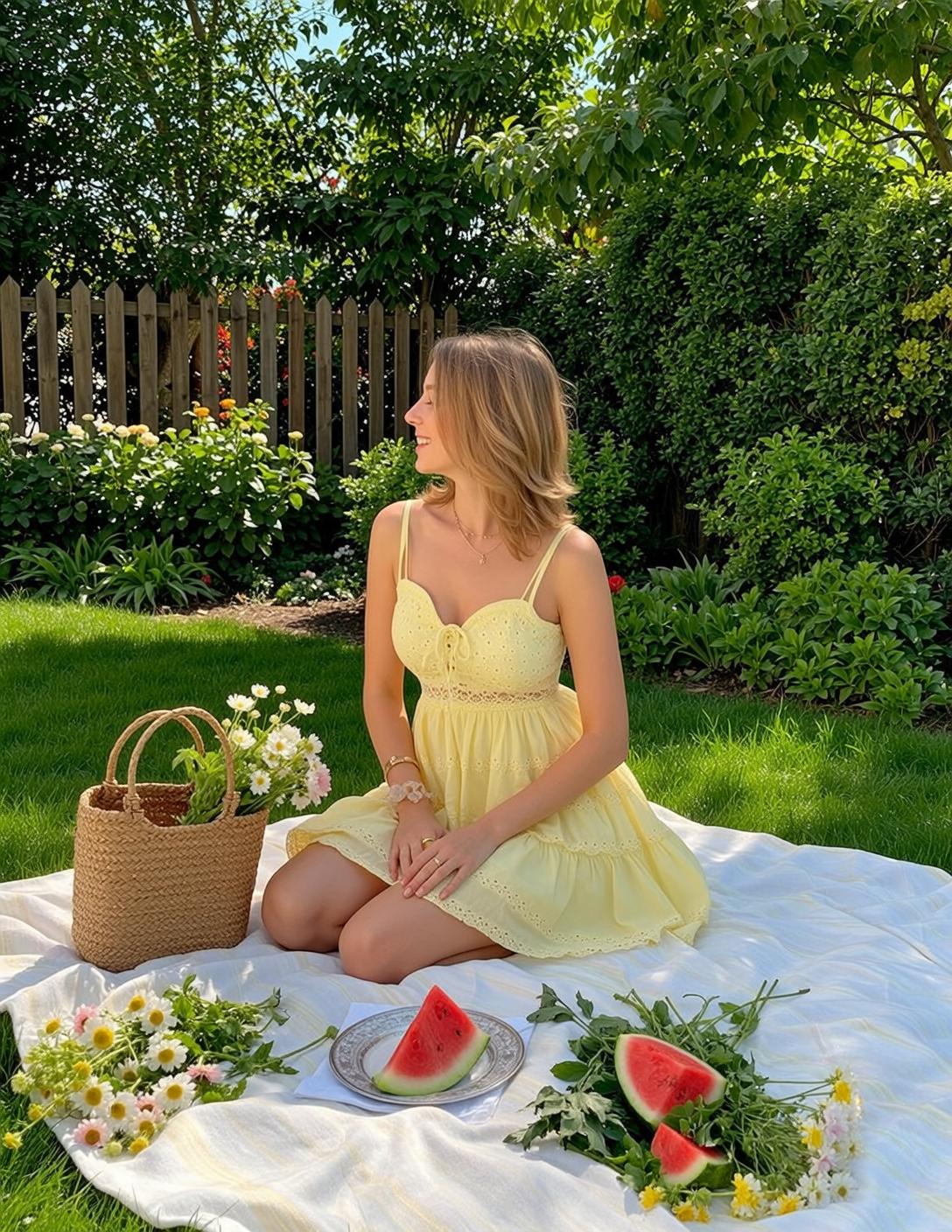 Cottagecore Kneeling White Picnic Blanket Lush Green