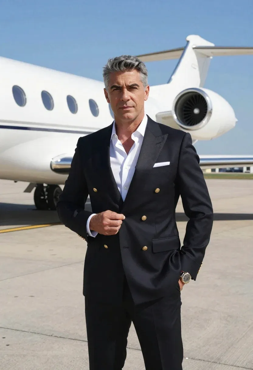 Portrait Middle-aged Man Formal Business Attire Standing Airport Tarmac With