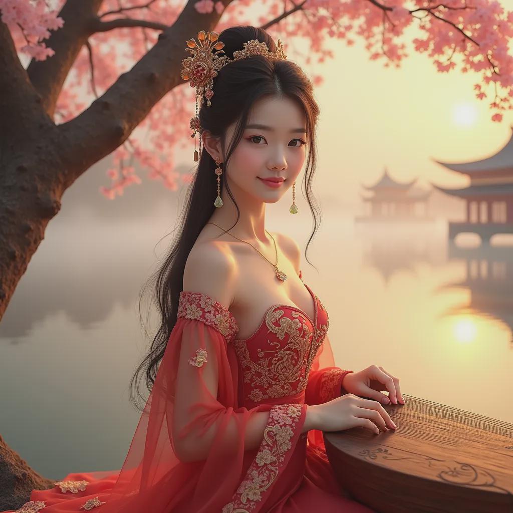 Red Dress With Gold Embroidery Seated By Guqin