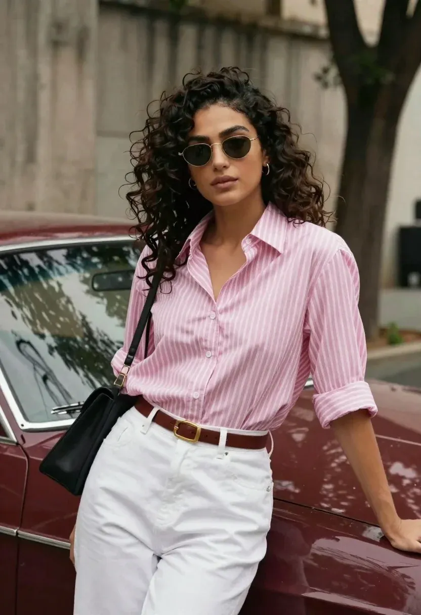 Stylish Woman With Dark Curly Hair Stands Confidently Leaning Against
