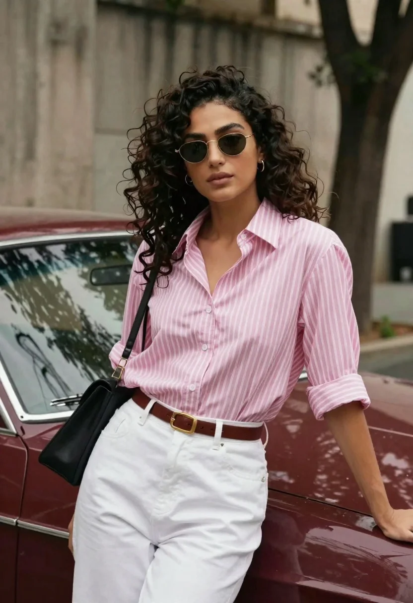 Stylish Woman With Dark Curly Hair Stands Confidently Leaning Against reference photo