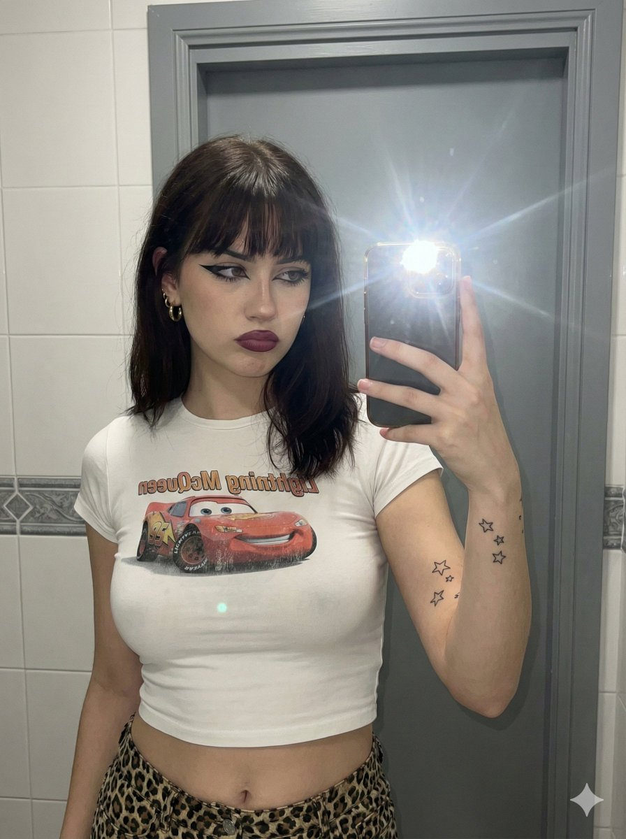 A young female with dark brunette hair in a mirror selfie, wearing a Lightning McQueen graphic t-shirt in a bathroom setting.