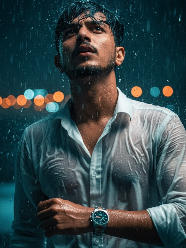 A dramatic portrait of a person standing in the rain at night, with wet hair and a soaked white shirt, gazing upwards with emotional intensity.