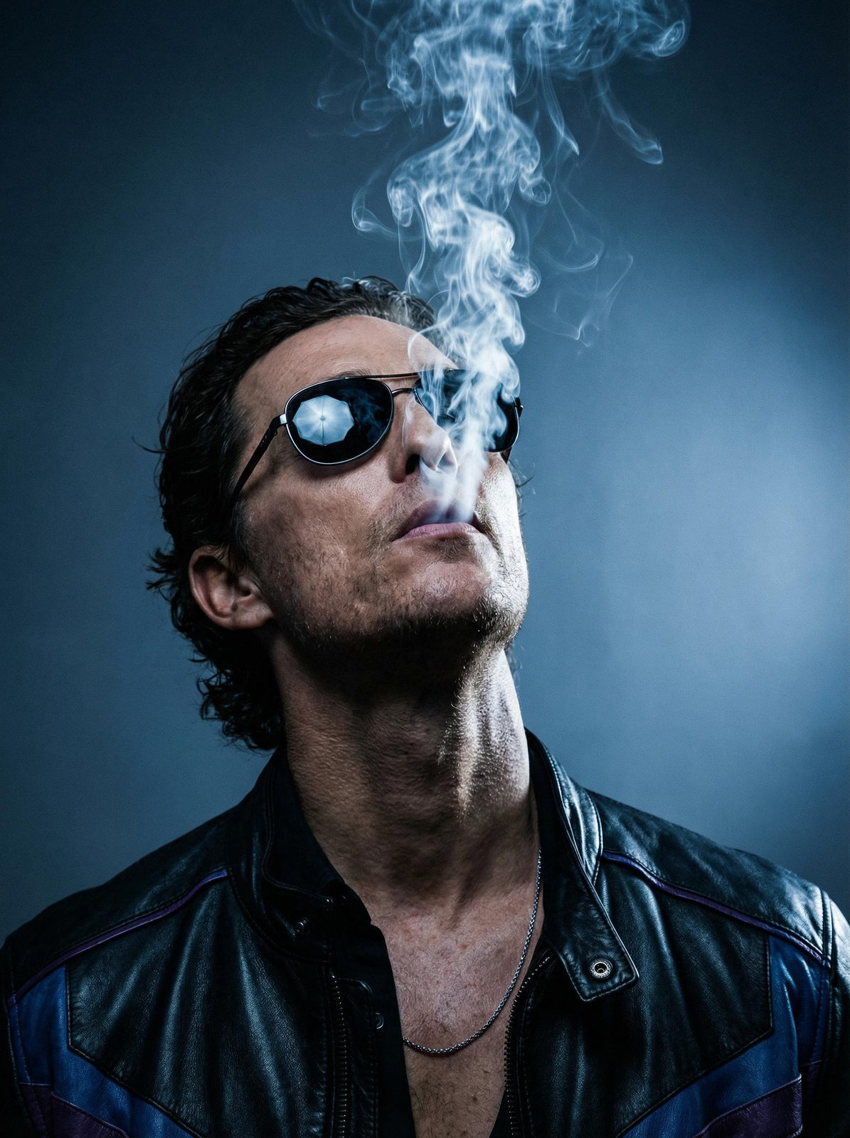 Close-up portrait of a man in reflective sunglasses, wearing a leather jacket, exhaling smoke against a dark blue gradient background.